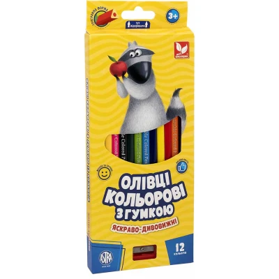 Олівці кольорові тригранні з гумкою + чинка - 12 кольорів 312119001-UA Школярик