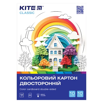 Картон кольоровий двостор. (10арк/10кол), А4 Kite Classic K-255