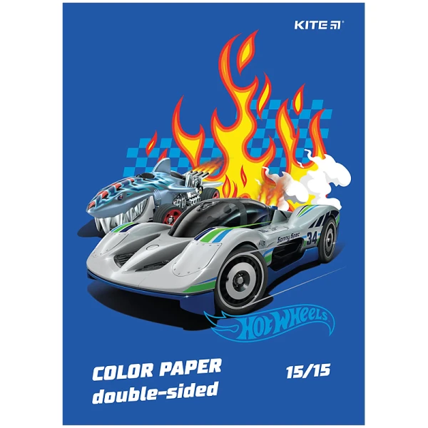 Папір кольоровий двостор. (15арк/15кол), А4 Hot Wheels HW24-250 Kite