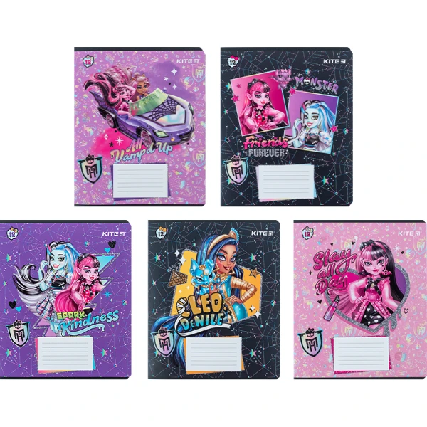 Зошит 12 арк., клітинка, УФ лак + глітер, Monster High MH24-232 Kite