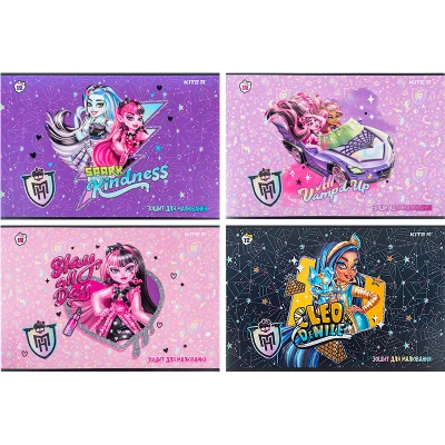Зошит для малювання, 12 арк., скоба, УФ лак + глітер, Monster High MH24-241 Kite
