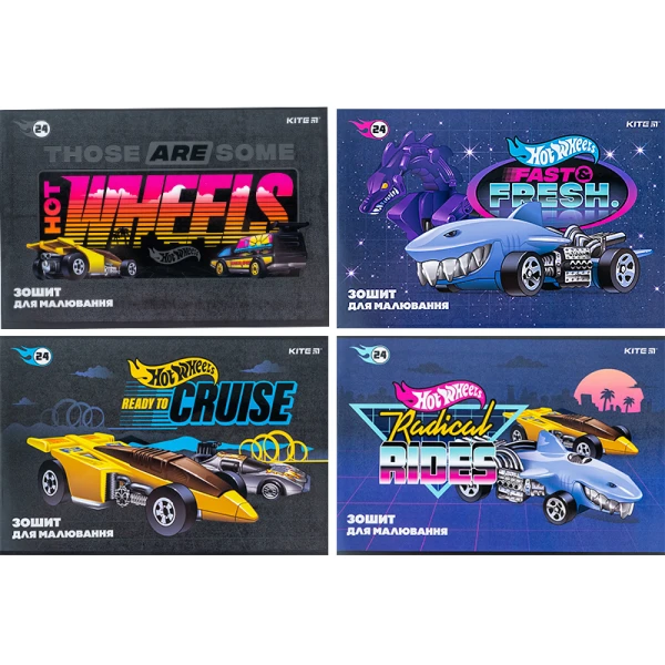 Зошит для малювання, 24 арк., скоба, софт тач + УФ лак, Hot Wheels HW24-242 Kite