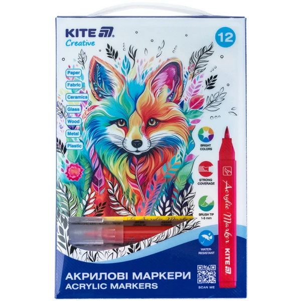 Маркери-пензлики акрилові, набір 12шт, Kite Creative, K-1159