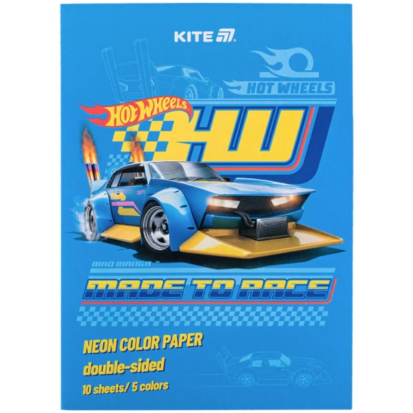 Папір кольоровий неон. (10арк/5кол) А4 Hot Wheels HW24-252 Kite
