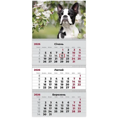 Календар настінний квартальний 2026 р.,3 пр. Dogs 2, 8803-26-17-A
