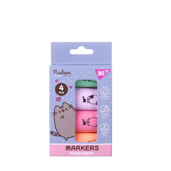 Маркер текстовий YES "Pusheen" в наборі, 4 шт., 391094