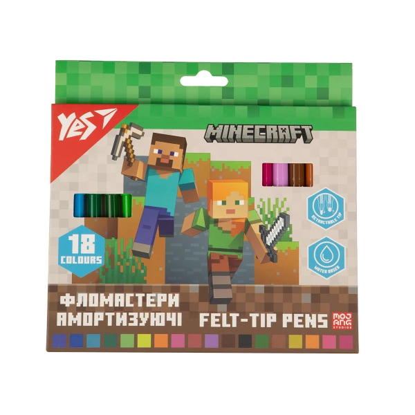 Фломастери YES 18 кольорів "Minecraft", амортизуючі, 650584
