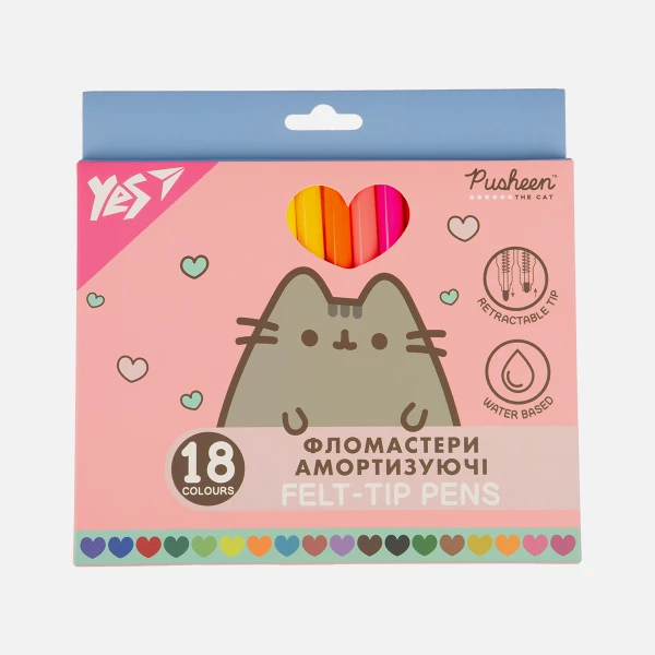 Фломастери YES 18 кольорів "Pusheen", амортизуючі, 650583