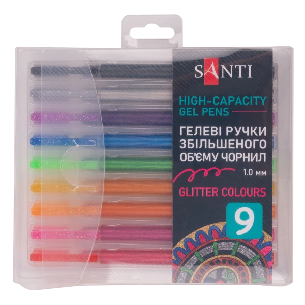 Набір гелевих ручок збільшеного об'єму чорнила SANTI "Glitter" 9 шт., 420471