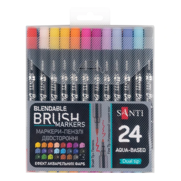 Набір маркерів акварельних SANTI "Brush Marker" 24 шт/уп, двосторонні, 391056