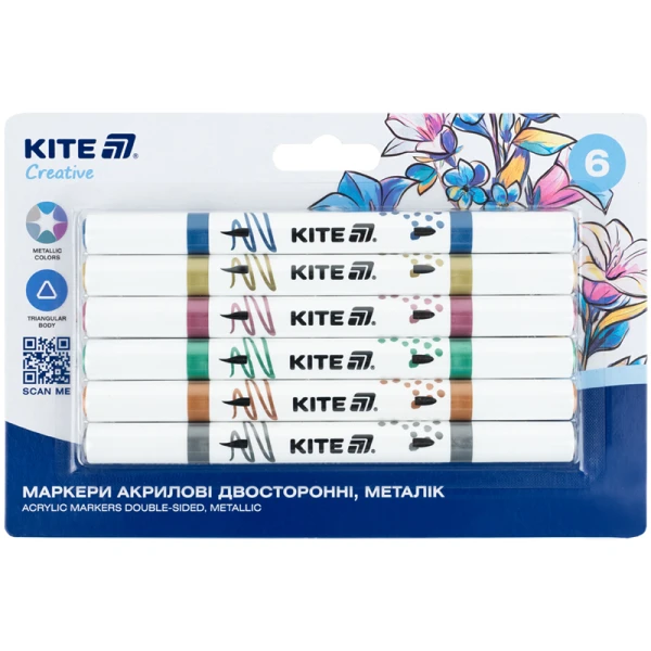Маркери акрилові двосторонні, 6шт. металік Kite Creative K-1294