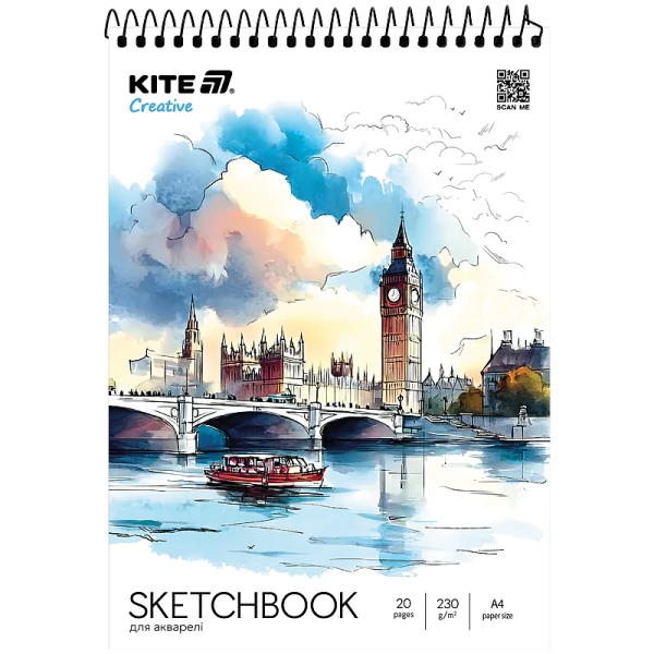 Скетчбук для акварелі, A4, 20 арк., спіраль, Kite Creative K-1284