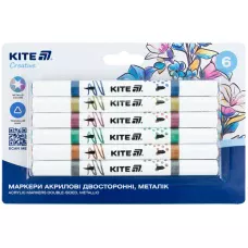 Маркери акрилові двосторонні, 6шт. металік Kite Creative K-1294