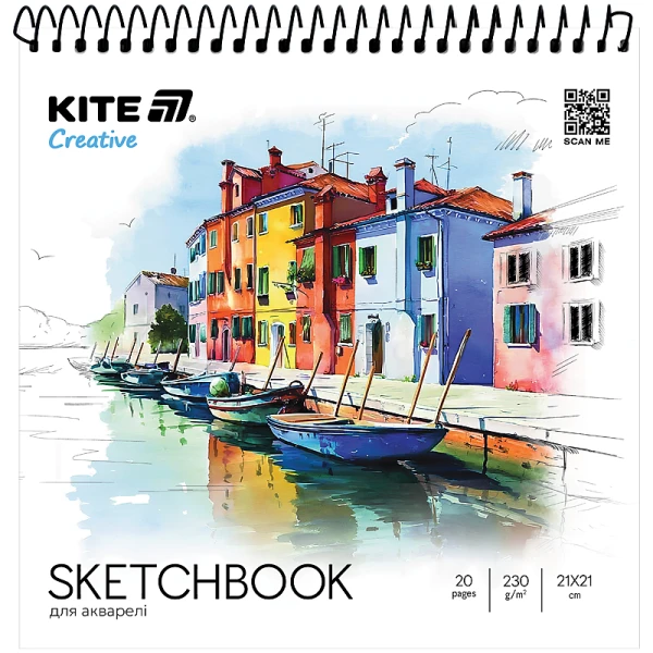 Скетчбук для акварелі, 21*21 см, 20 арк., спіраль, Kite Creative K-1285