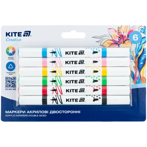 Маркери акрилові двосторонні, 6шт. Kite Creative K-1293