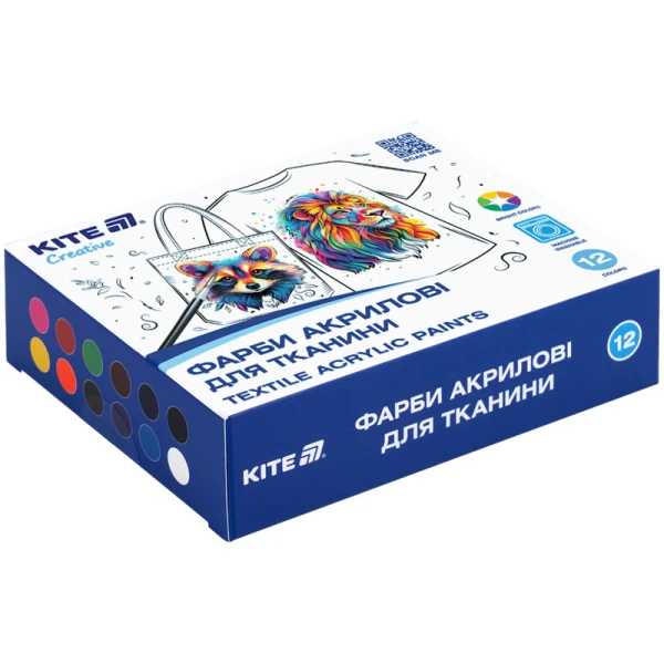 Фарби акрилові для тканини, 12 кольорів, 20 мл,Kite Creative K-276