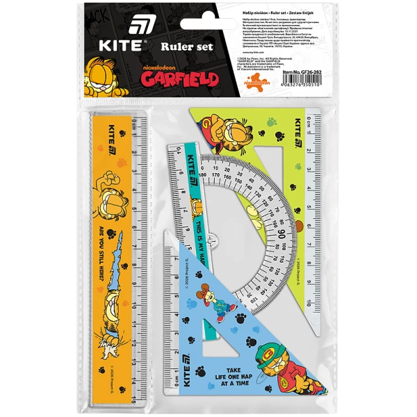 Набір: лінійка 15 см, 2 косінця, транспортир, з принтом Garfield GF26-282 Kite