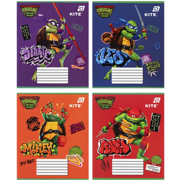 Зошит 12 арк., коса, софт тач + УФ лак, Ninjia Turtles NT26-235 Kite