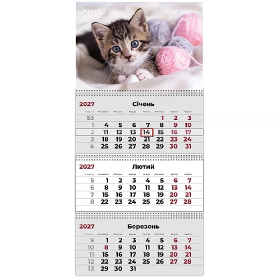 Календар настінний квартальний 2027 р.,3 пр. Cats 1, 8803-27-7-A