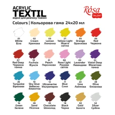 Набір акр.фарб для розпису тканин HEART, 24кол., 20мл, в т.ч. 2металіка, ROSA Talent