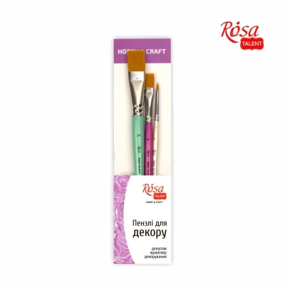 Набiр пензлiв №2 ДЛЯ ДЕКОРУ, синтетика кругла та плоска, 3шт (№2,8,20) ROSA Talent