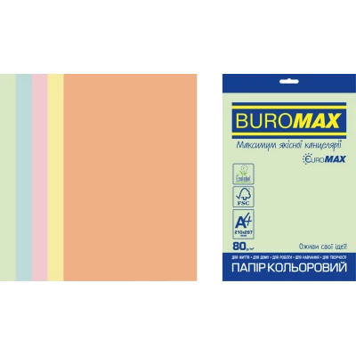 Набір кольорового паперу PASTEL, EUROMAX, А4, 80г/м2, 5х50/250арк. BM.27212250E-99