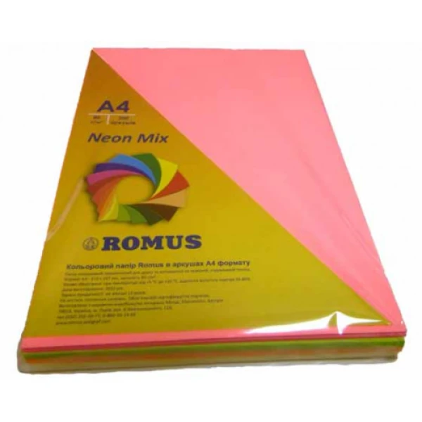 Папір кольоровий Mix Neon, A4 80 г/м2, 4х80/200арк., R50935 Romus