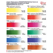 Набір акварельних фарб MONOPIGMENTED, 12*2,5мл, кювета, картон, ROSA Gallery