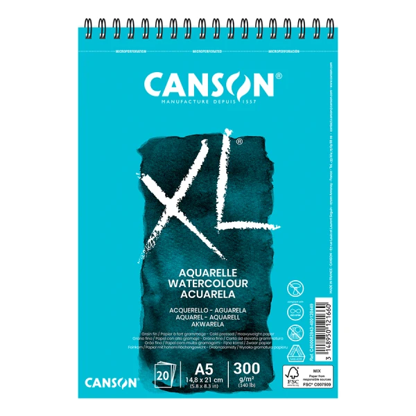 Альбом для акварелі на спіралі XL, A5 (14,8*21см), 300г/м2, 30л, середнє зерно, Canson