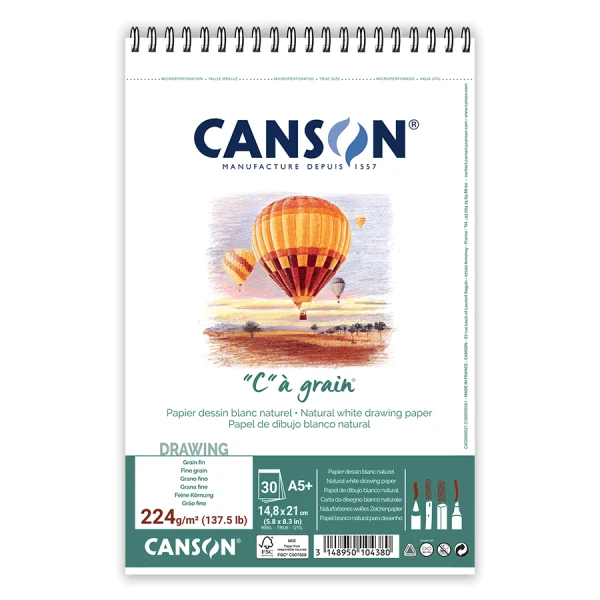 Альбом для ескізів та рисунку на спіралі CÀGRAIN, А5 (14,8*21см), 224г/м2, 30л, білий папір, Canson