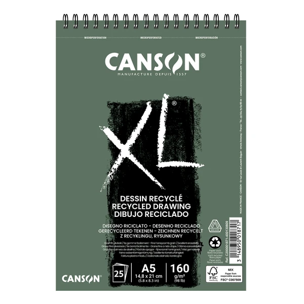 Альбом для рисунку на спіралі XL Recycled, А5 (14,8*21см), 160г/м2, 25л, білий колір, дрібне зерно, Canson