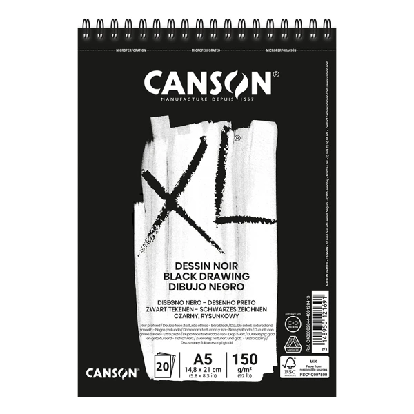 Альбом для ескізів на спіралі XL Dessin Black, А5 (14,8*21см), 150г/м2, 30л, чорний колір, Canson