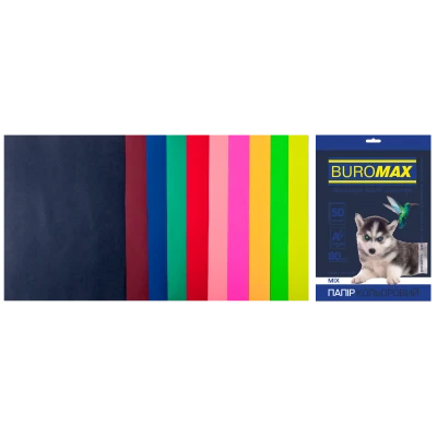 Набір кольорового паперу А4, 80г/м2, DARK+NEON, 10кол. 50арк., BM.2721050-99