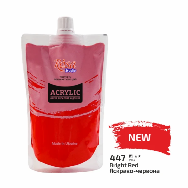 Фарба акрилова, Яскраво-червона (447), 200 мл, ROSA Studio