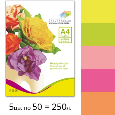 Папір кольоровий Spectra Color-Rainbow A4 75 г/м2, 5*50/250арк, Pack Ciber неон IT82 О