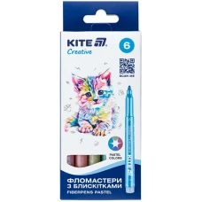 Фломастери з блискітками, набір 6шт, Kite Creative пастель K-1148