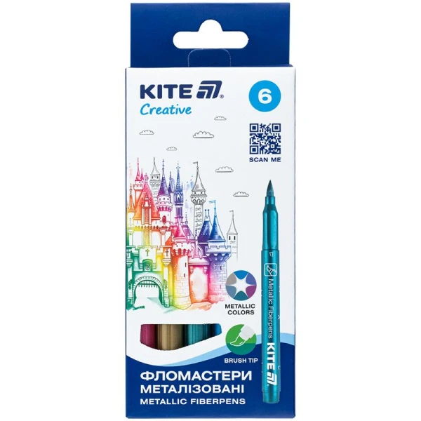 Фломастери-пензлики, набір 6шт, Kite Creative металізовані K-1149