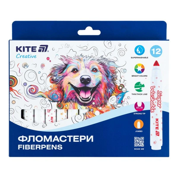 Фломастери, набір 12шт, Kite Creative Superwashable Jumbo K-1155