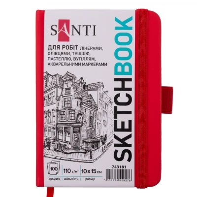 Скетчбук SANTI для графіки, 10х15см, 100 арк., тверда обкладинка PU, 110г/м2, червоний, 743181