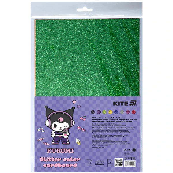 Картон кольоровий з гліттером (8 арк/8 кол), А4, Kuromi HK24-422 Kite