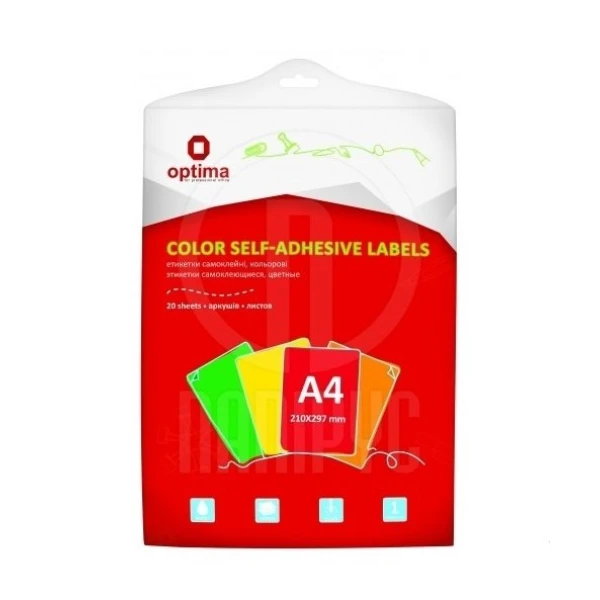 Етикетки самоклеючі, асорті, А4, 20 арк/пач, на аркуші 1шт., O25125-99 Optima
