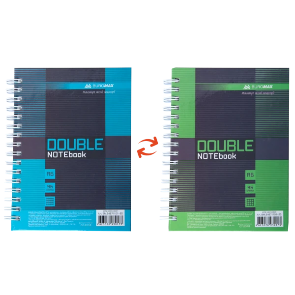 Книга записна DOUBLE, А6, 96 арк., клітинка, тверда лам. обкл, зелена/блакитна, BM.24671101-25