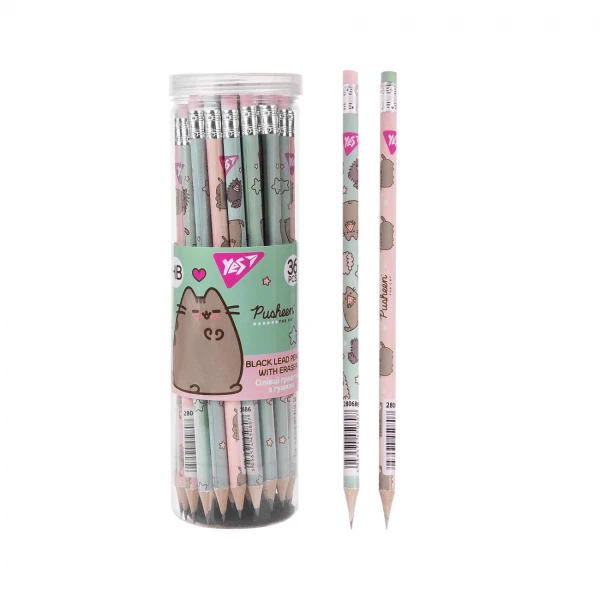 Олівець графітний круглий з гумкою "Pusheen", туба 36шт/уп., 2 диз. мікс, 280686 YES