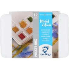 Набір акварельних фарб, VAN GOGH, Pocket box MUTED COLOURS, 12 кювет+пензлик, пластик, Royal Talens
