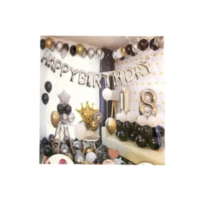 Набір декору Happy birthday 18. Дизайн в золотих, срібних, чорних  тонах (банер, кульки) T-8997