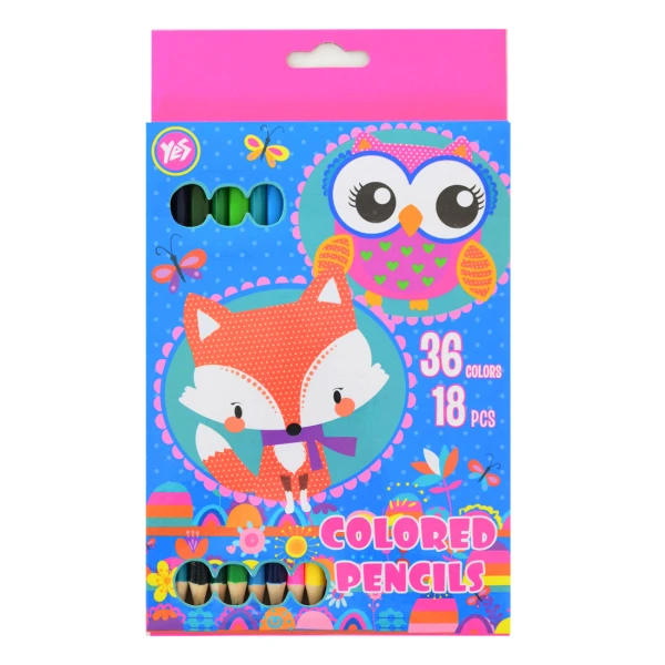 Олівці кольорові двосторонні, 18/36 шт., тригранні "Charming animals" 290486 YES