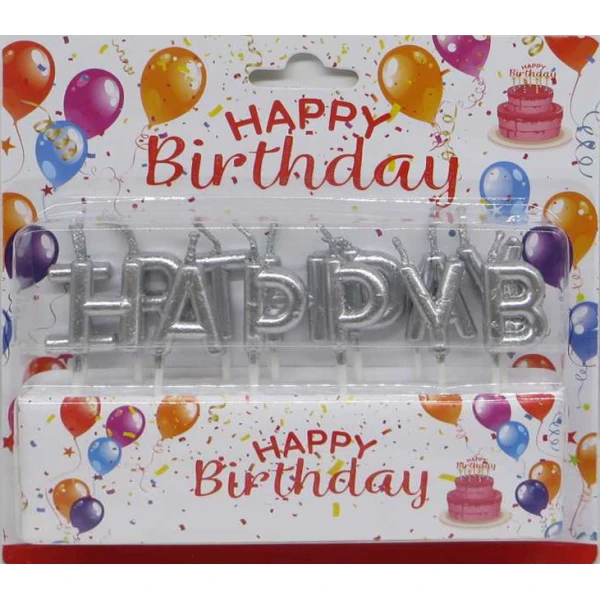 Набір свічок для торту "Happy Birthday" букви, срібло 2,5 см, 7575-3
