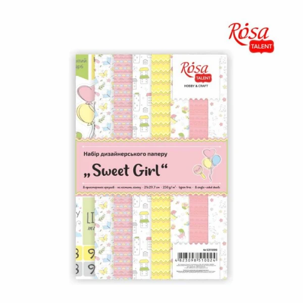 Набір дизайнерського паперу „Sweet Girl“ А4, 250гр, 8арк, одностор, глянцевий, ROSA Talent