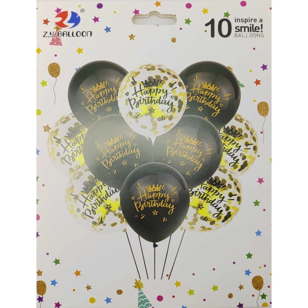 Набір повітряних куль "Happy birthday" 10шт.*30см, чорно-золоті, 1212-10-3