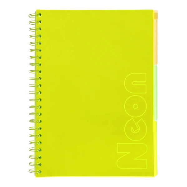 Зошит на пружині NEON, А4 (210x297), 120 арк, клітинка, 3 PVC розділювачі, PVC обклад, жовтий, BM.24349911-08